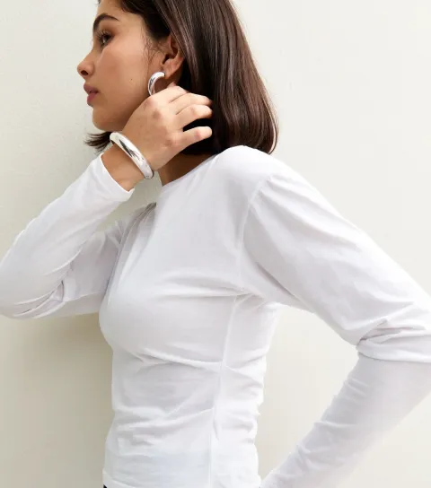 Women's White Long Sleeve Pleated Side Corset Top