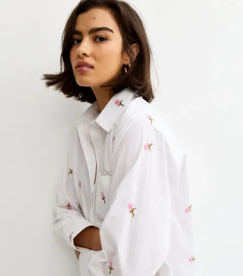 Women's White Cotton Poplin Floral Embroidery Shirt
