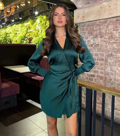 AX Paris Women's Teal Wrap Mini Shirt Dress