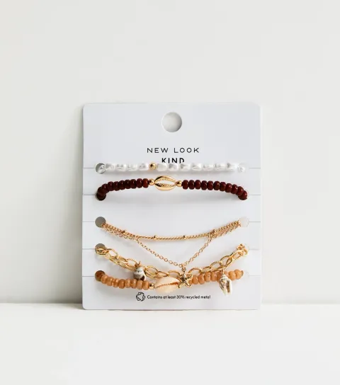 Pack of 5 Brown Beaded and Chain Bracelets