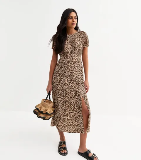 Women's Brown Leopard Print Flutter Sleeve Midi Dress