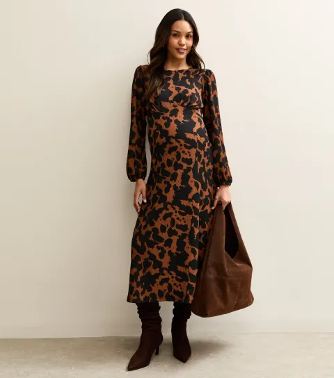 Women's Maternity Brown Animal Print Midi Dress