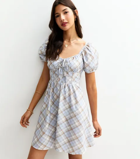 New Look Women's Blue Checked Puff Sleeve Mini Dress