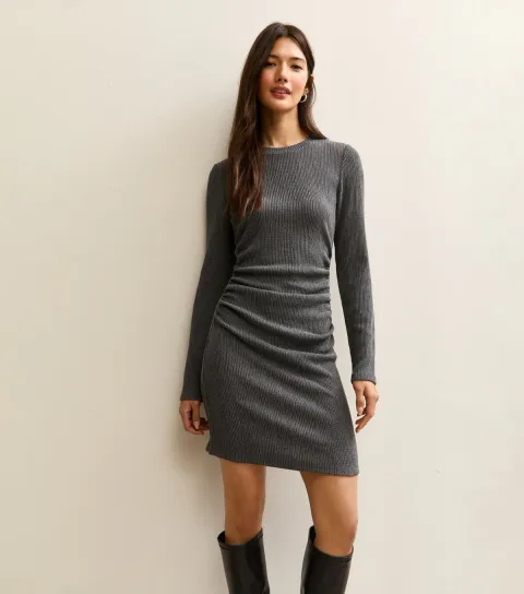 New Look Women's Dark Grey Textured Long Sleeve Mini Dress