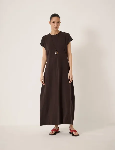 HUSH Jersey Crew Neck Midaxi Waisted Dress Dark Brown