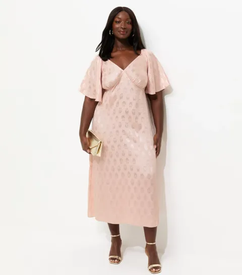New Look Women's Plus Size Pink Paisley Jacquard Flutter Sleeve Midi Dress Curves