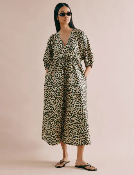 Albaray Pure Cotton Animal Print V-Neck Midi Skater Dress Brown Mix