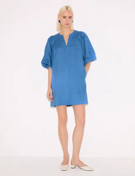 Jigsaw Pure Linen Puff Sleeve Mini Shift Dress Blue