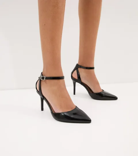 Women's Wide Fit Black Faux Patent Leather Pointed Toe Ankle Strap Pumps Vegan