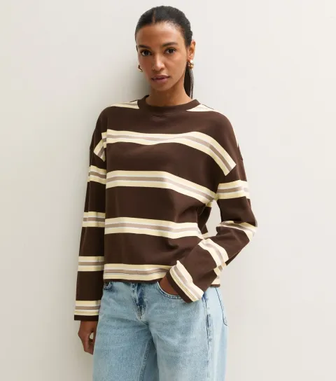 New Look Women's Brown Cotton Rich Striped Long Sleeve Skater T-Shirt
