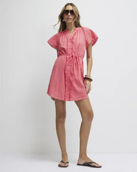 River Island V Neck Short Sleeve Frill Mini Dress