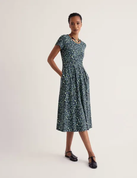 Seasalt Cornwall Cotton Rich Floral Midi Waisted Dress Navy Mix