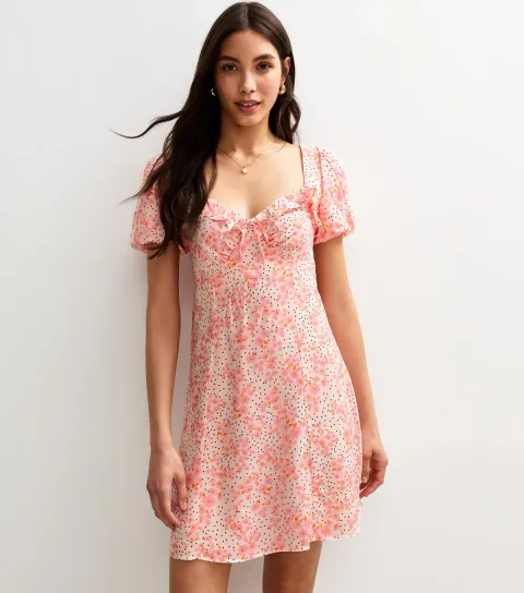 Women's Pink Abstract Print Ruffle Trim Mini Dress