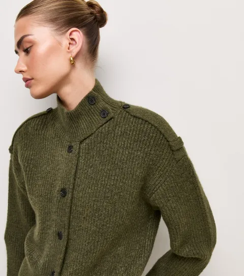 Women's Dark Khaki Ribbed Knit Funnel Neck Cardigan