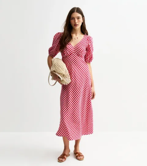 Women's Red Gingham Bow Back Midi Dress