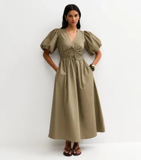New Look Women's Dark Khaki Cotton Puff Sleeve Midi Dress