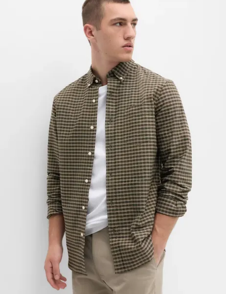 Marks & Spencer Ultimate Pure Cotton Check Oxford Shirt Khaki Mix