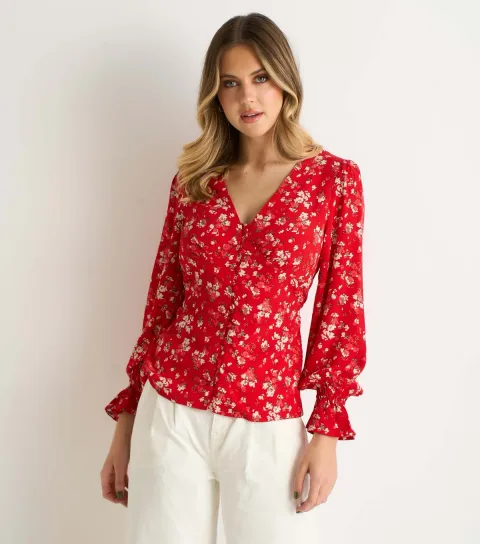 Women's Red Button Through Blouse