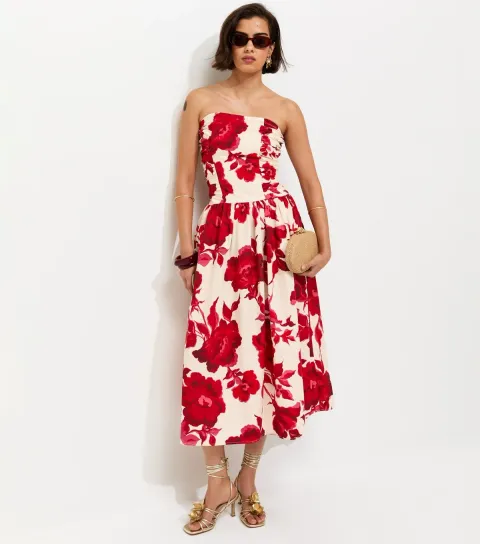 Women's Pink Floral Print Ruched Bandeau Midi Dress