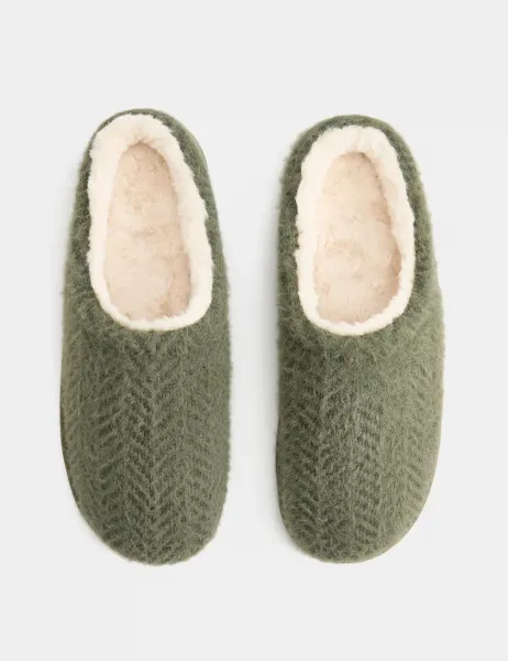 Marks & Spencer Fleece Lined Herringbone Mule Slippers Green