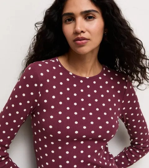 Women's Red Cotton Rich Spot Print Long Sleeve Babylock Top