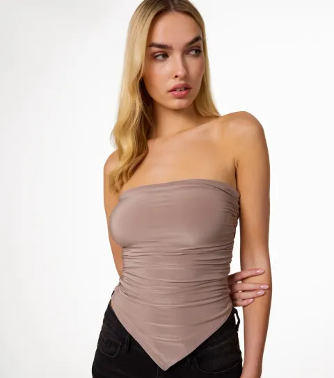 Women's Brown Ruched Slinky Bandeau Top