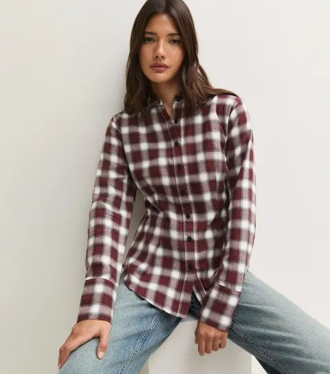 New Look Women's Black Cotton Checked Fitted Waist Long Sleeve Shirt
