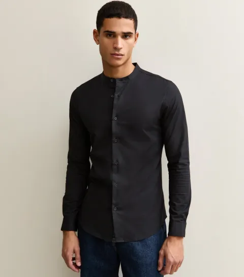 Men's Black Muscle Fit Cotton Poplin Grandad Shirt