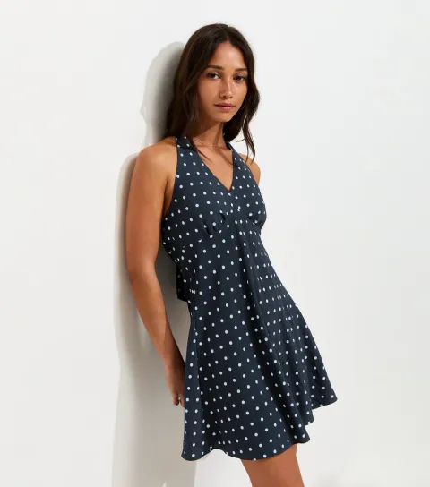 Women's Blue Polka Dot Halter Neck Mini Dress