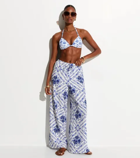 Women's White Tile Pattern Beach Wide Leg Trousers