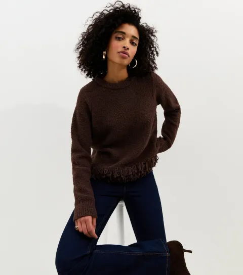 Women's Dark Brown Boucle Fringe Hem Jumper