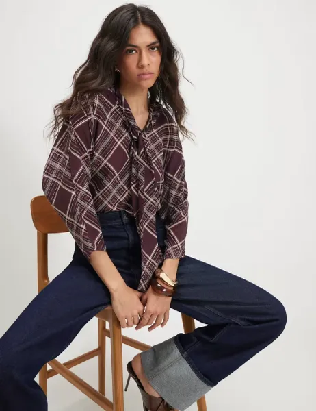 River Island Checked High Neck Relaxed Blouse Burgundy Mix