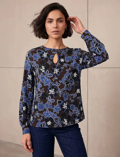 Roman Floral Regular Fit Keyhole Top Chocolate