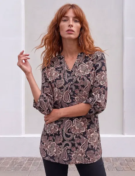 Roman Paisley V Neck Shirt Beige Mix