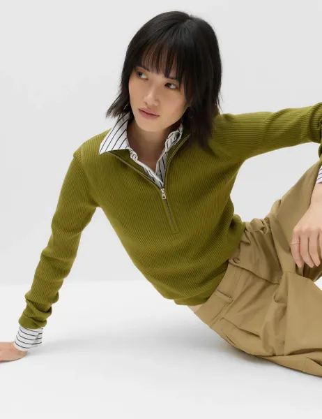 Marks & Spencer Ribbed Textured Half Zip Fitted Knitted Top Moss