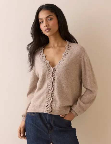 Nobody's Child Wool Blend Embellished V-Neck Cardigan Beige