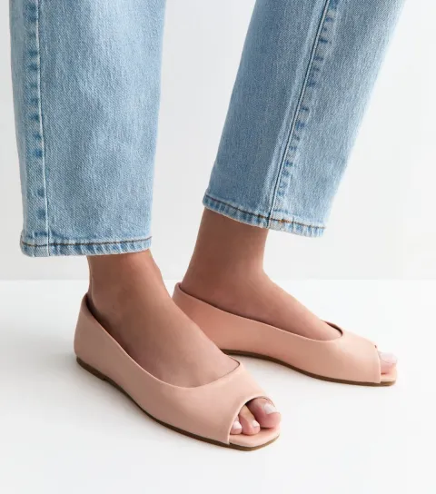 Women's Light Pink Faux Leather Flat Peep Toe Pumps Vegan