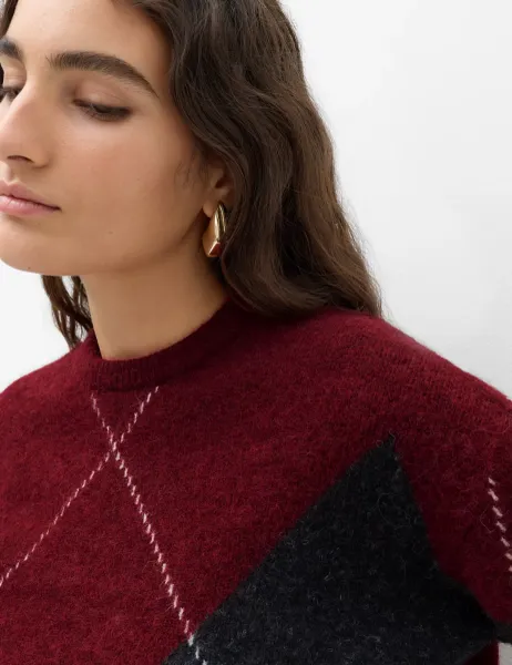 Marks & Spencer Argyle Crew Neck Oversized Jumper With Wool Red Mix