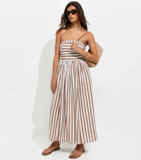 Women's Brown Striped Bandeau Midi Dress