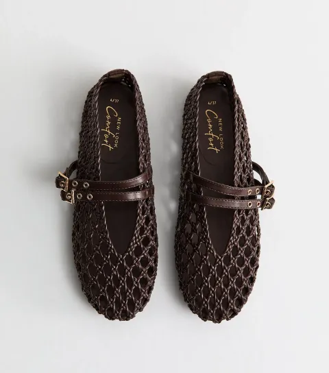 Women's Brown Woven Faux Leather Mary Jane Flats Vegan