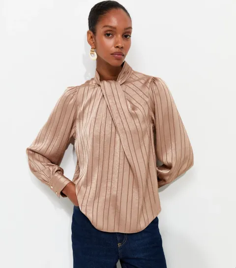 Women's Camel Satin Twist Neck Striped Blouse