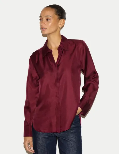 Jigsaw Pure Silk Collared Relaxed Shirt Red