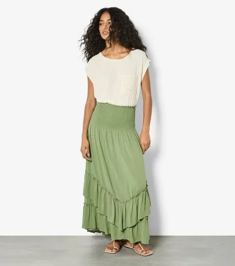 Women's Light Green Shirred 2-in-1 Midaxi Skirt Dress