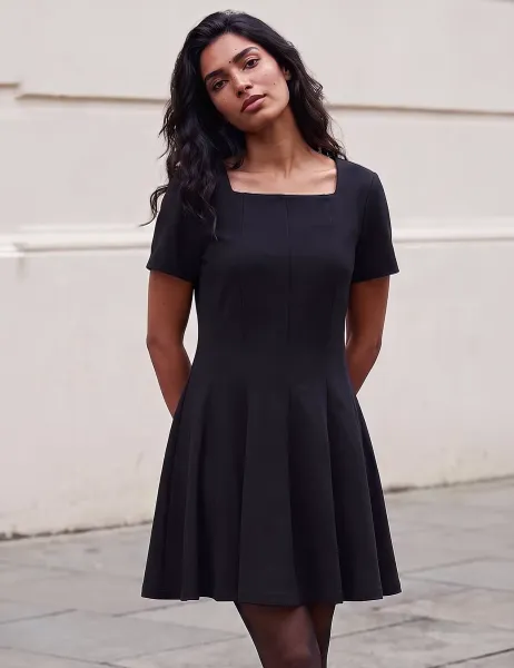 Roman Square Neck Panel Zip Up Knee Length Dress Black Mix