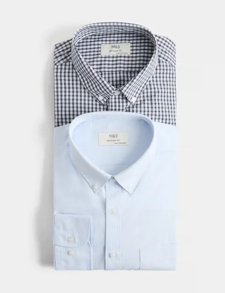 Marks & Spencer 2 Pack Regular Fit Easy Iron Check Shirts Navy Mix
