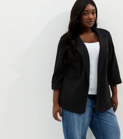 Women's Plus Size Black Textured Jersey Blazer Curves