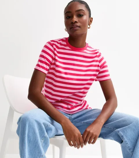 Women's Pink Cotton Striped T-Shirt