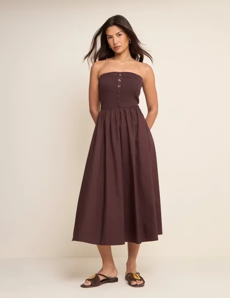 Nobody's Child Bandeau Button Through Midi Waisted Dress Brown