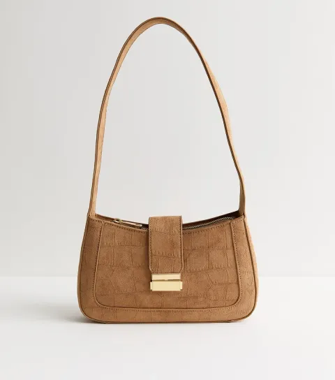 Tan Faux Suede Croc Embossed Shoulder Bag