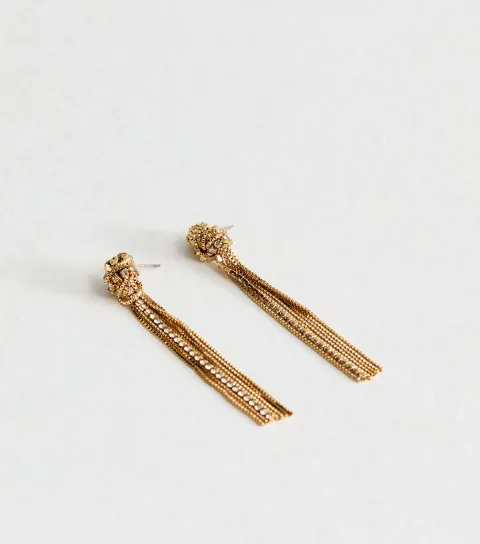 Gold Tone Diamante Knot Tassle Drop Earrings